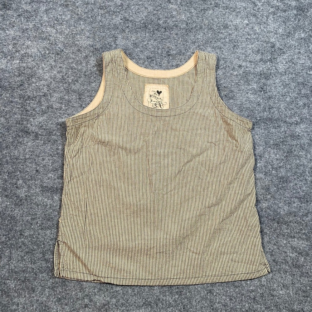 Produce Company Tan Black Pinstripe Tank Top Size M Made in USA Farmhouse